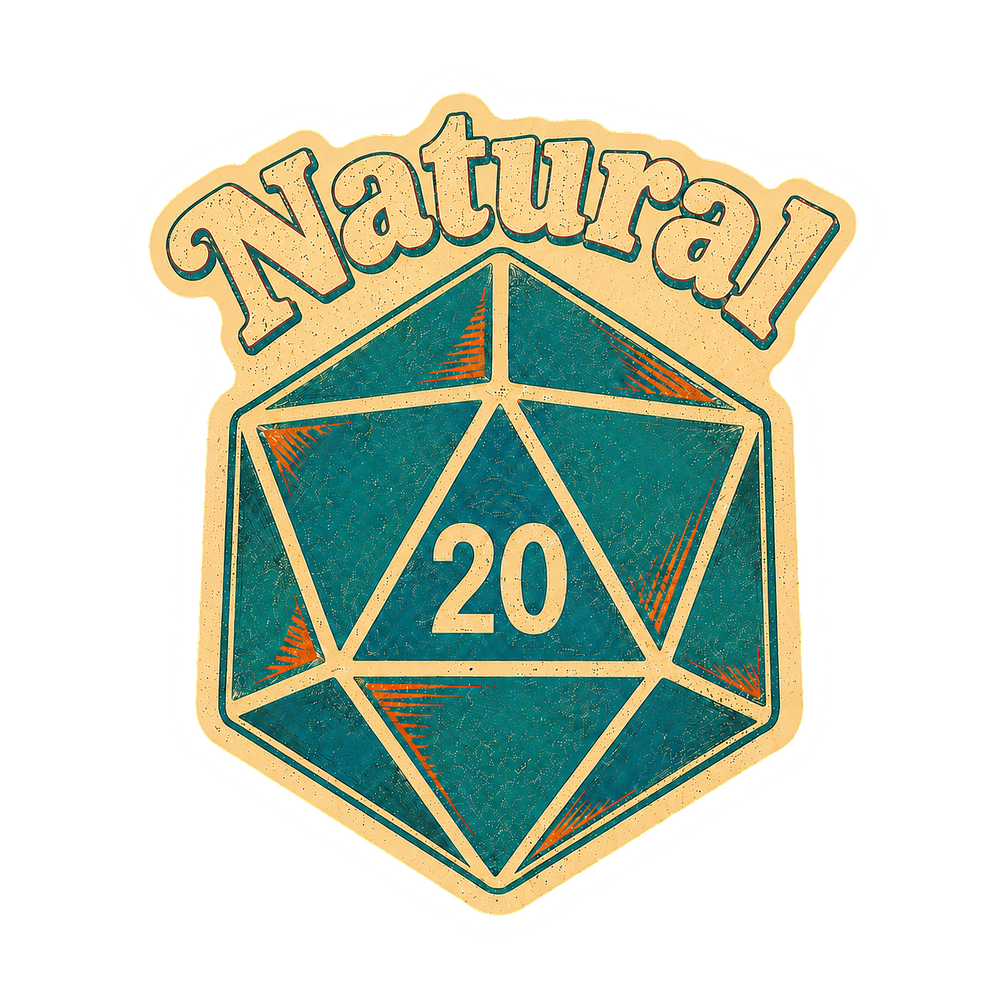 Natural 20 Sticker, Retro D20 Dice Decal for Tabletop RPG Gamers