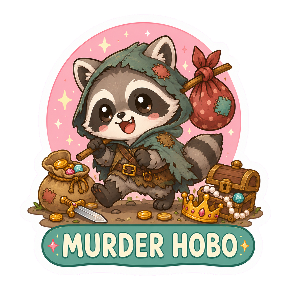Cute Murder Hobo Sticker, Kawaii Chibi Raccoon Tabletop RPG Decal
