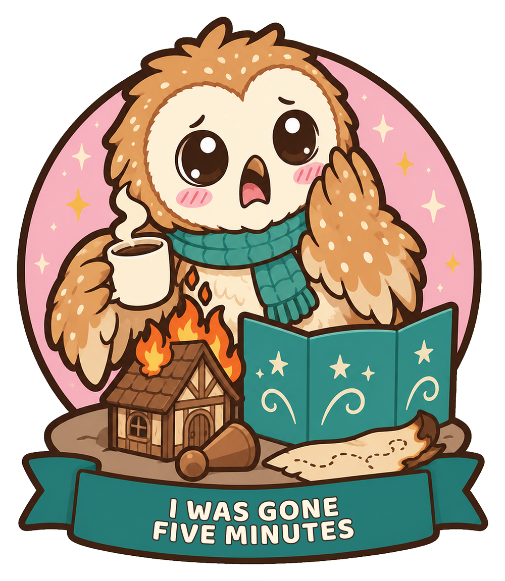 I Was Gone Five Minutes Sticker, Cute Owl Game Master Gift for Tabletop RPG Groups